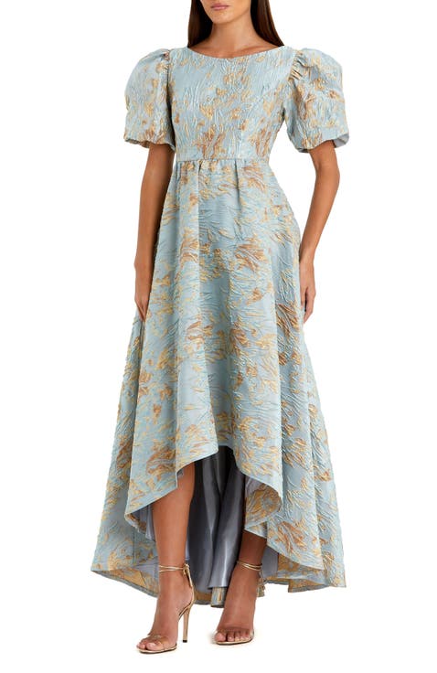 Brocade High-Low Gown with Puff Sleeves