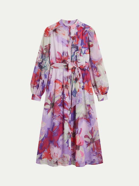 Floral Print Organza Midi Shirt Dress