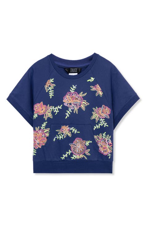 Kids' Floral Embroidered Short Sleeve Sweatshirt (Big Kid)