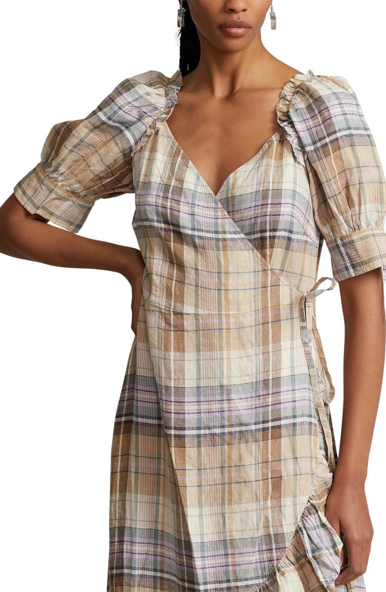 Plaid Puff Sleeve Linen Wrap Dress