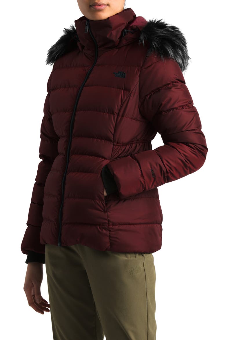 Gotham II Hooded Water Resistant 550-Fill-Power Down Jacket with Faux Fur Trim, Main, color, DEEP GARNET RED