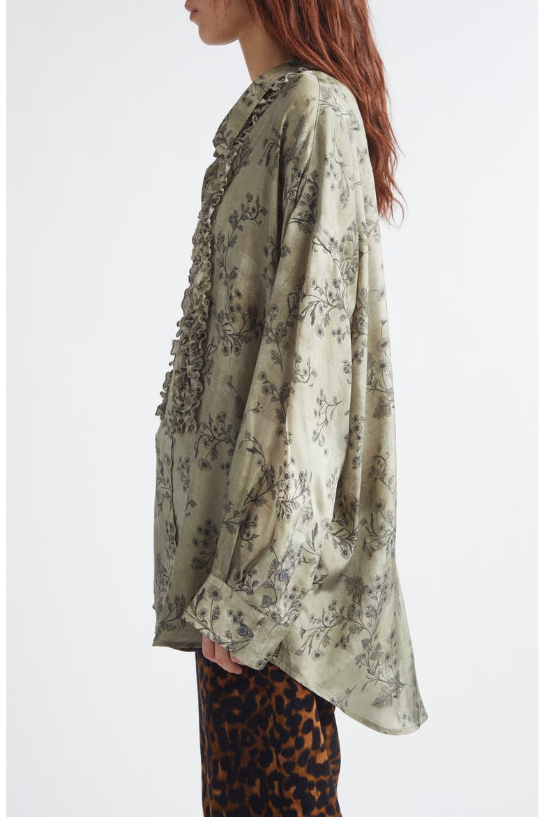 Oversize Drop Neck Ruffle Front Button-Up Shirt, Alternate, color, GREEN FLORAL