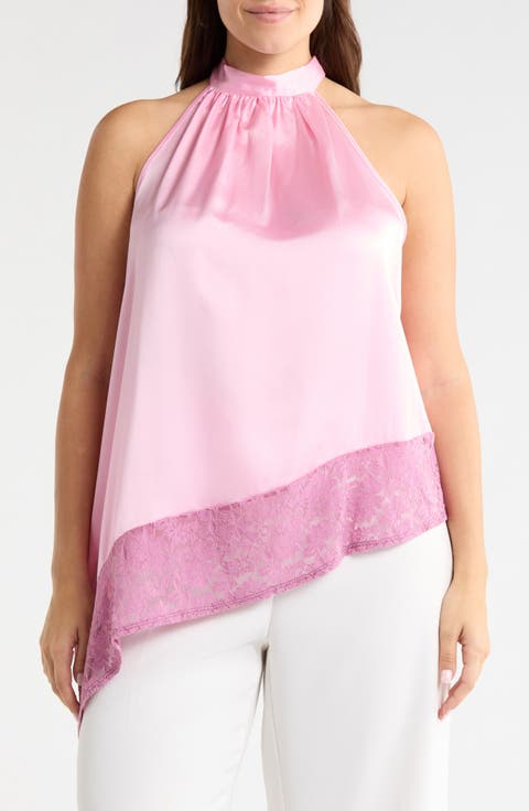 Sleeveless Lace Trim Satin Asymmetric Top (Plus)