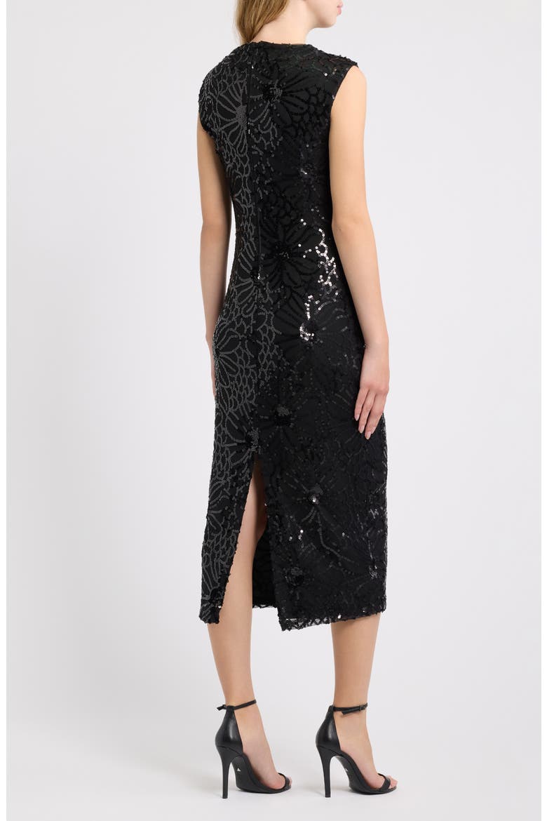 Draped Neck Sequined Midi Dress, Alternate, color, ANNE BLACK