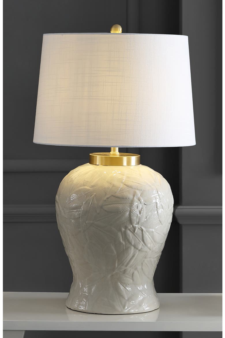 Regency Palm Leaf 31.5" Ceramic/Metal Bohemian Cottage LED Table Lamp, Cream, Alternate, color, Cream