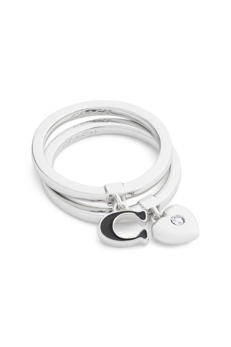 C-Motif & Heart Stack Ring Set, Main, color, BLACK/ RHODIUM