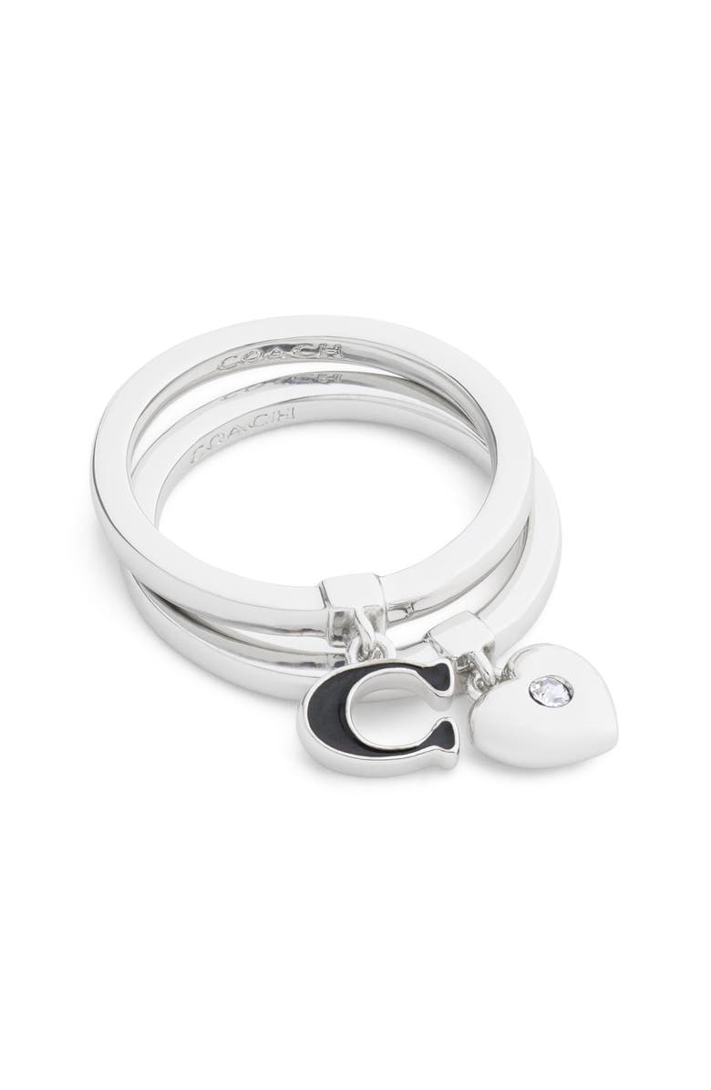 COACH C-Motif & Heart Stack Ring Set, Main, color, Black/ Rhodium