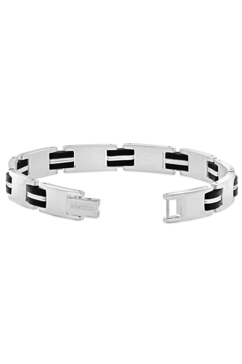 Men's Steel And Black Two Tone, Two striped 10mm Link  8.5 " Bracelet, Alternate, color, Stainless Steel