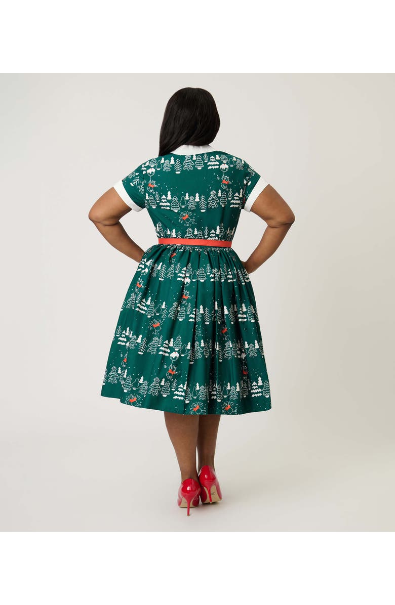 Unique Vintage Plus Size Collared Short Sleeved Belted Alexis Swing Dress, Alternate, color, Green
