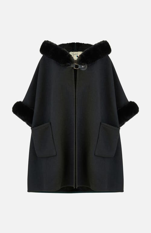 Yumi Hooded Fur Cape Jacket In Black