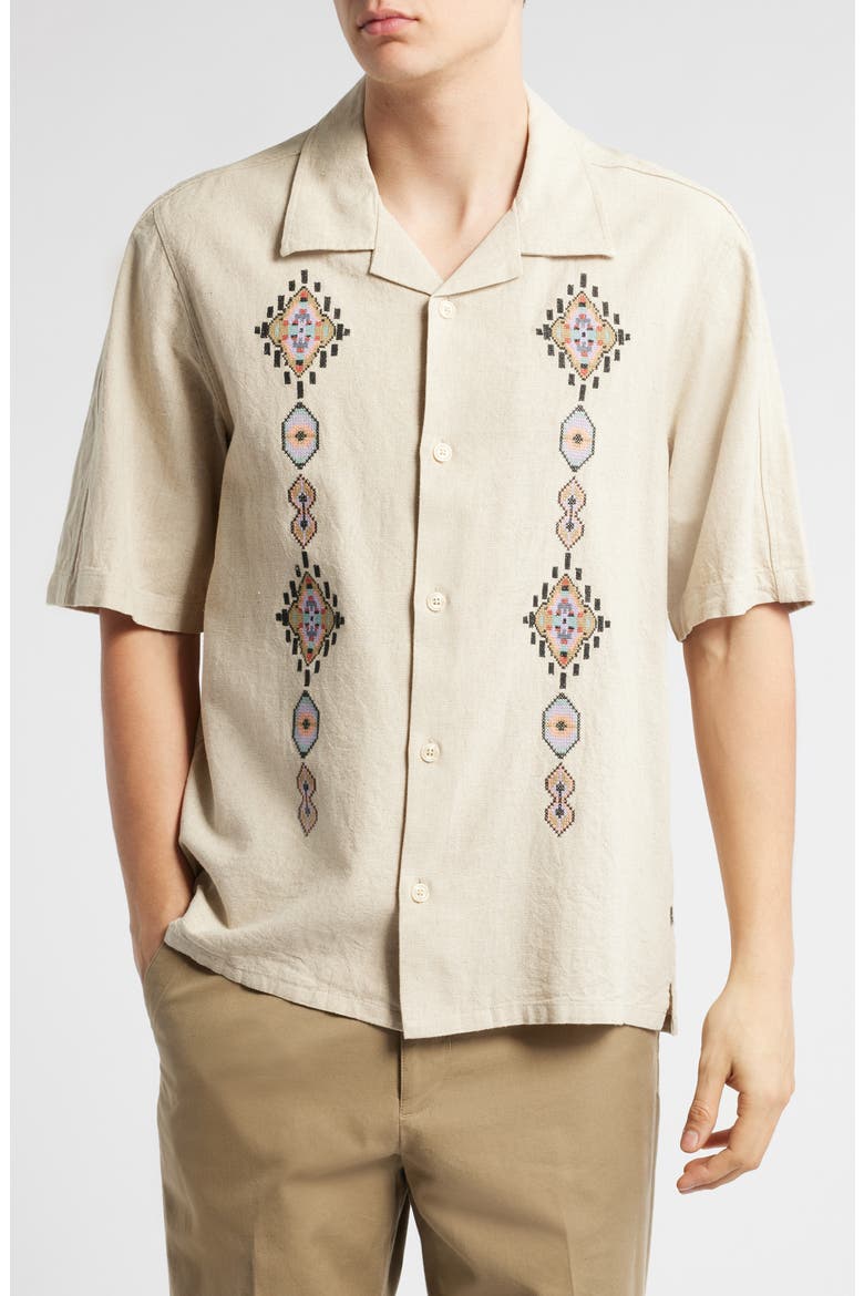 Ole 5396 Embroidered Linen & Cotton Camp Shirt, Main, color, OATMEAL