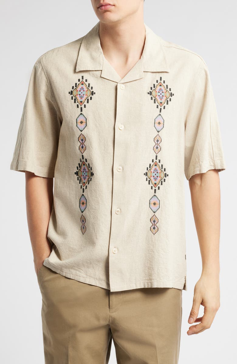 NN07 Ole 5396 Embroidered Linen & Cotton Camp Shirt, Main, color, Oatmeal