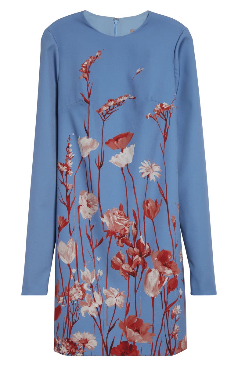 Lela Rose Floral Long Sleeve Stretch Crepe Shift Dress, Alternate, color, Cornflower Multi