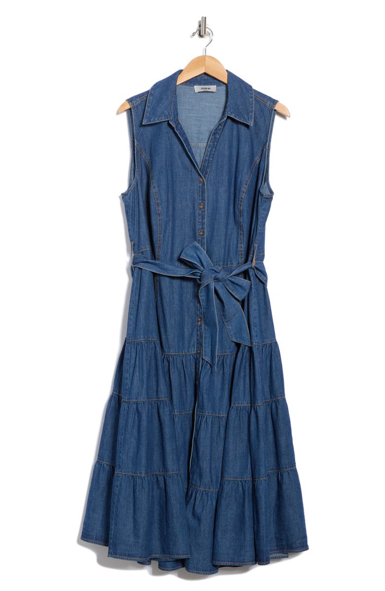JASON WU Sleeveless Tiered Denim Shirtdress, Alternate, color, Medium Wash