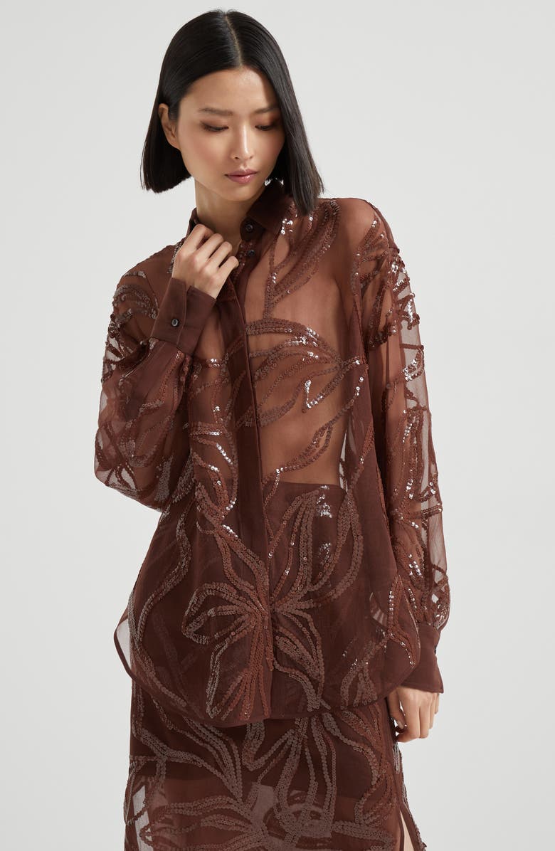 Brunello Cucinelli Shirt with dazzling floral embroidery, Alternate, color, Brown