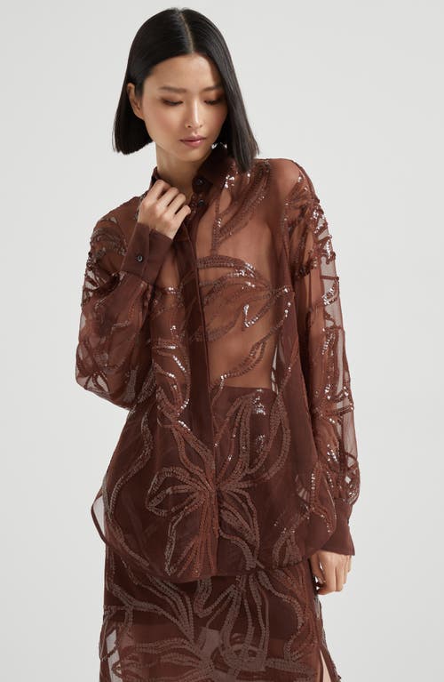 Brunello Cucinelli Burgundy Crispy Silk Dazzling Floral Embroidery Shirt In Brown