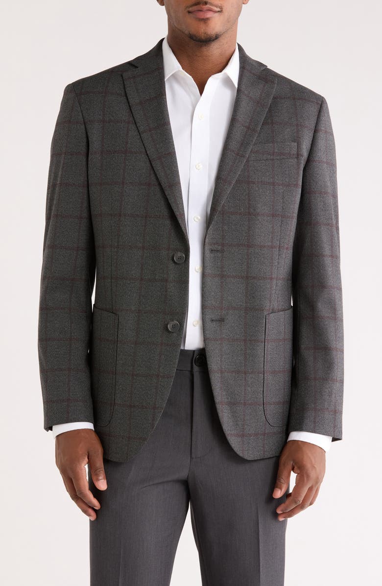 NORDSTROM RACK Windowpane Knit Sport Coat, Main, color, Grey- Burgundy Pane