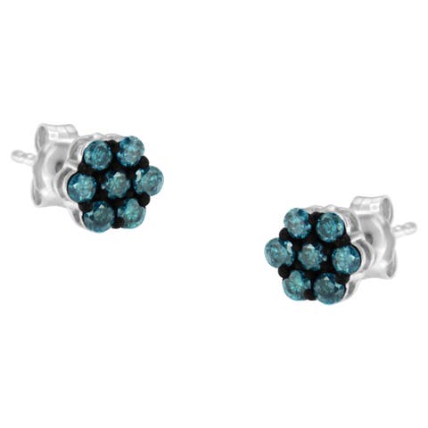 Silver 1/2 Cttw Blue Diamond Floral Stud Earrings