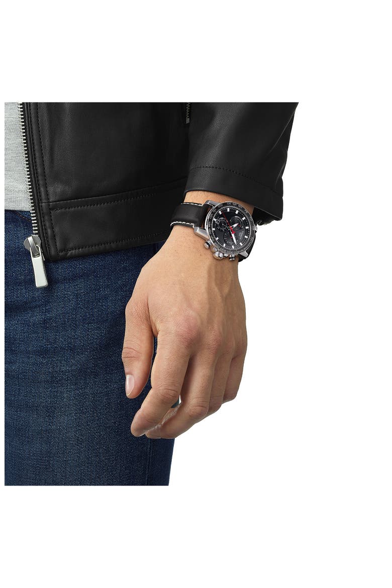 Supersport Chronograph Leather Strap Watch, 45.5mm, Alternate, color, BLACK/ SILVER
