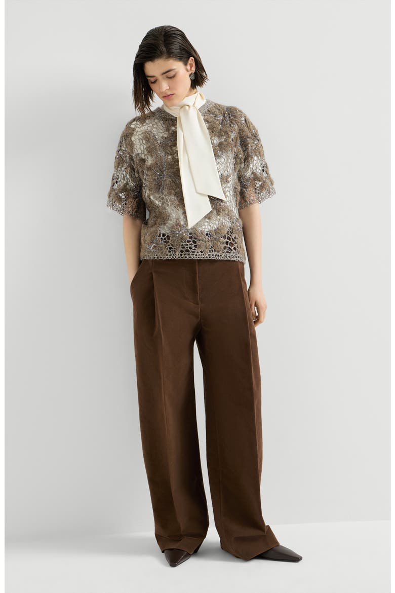 Stretch cotton moleskin loose sartorial trousers with monili, Alternate, color, Chocolate