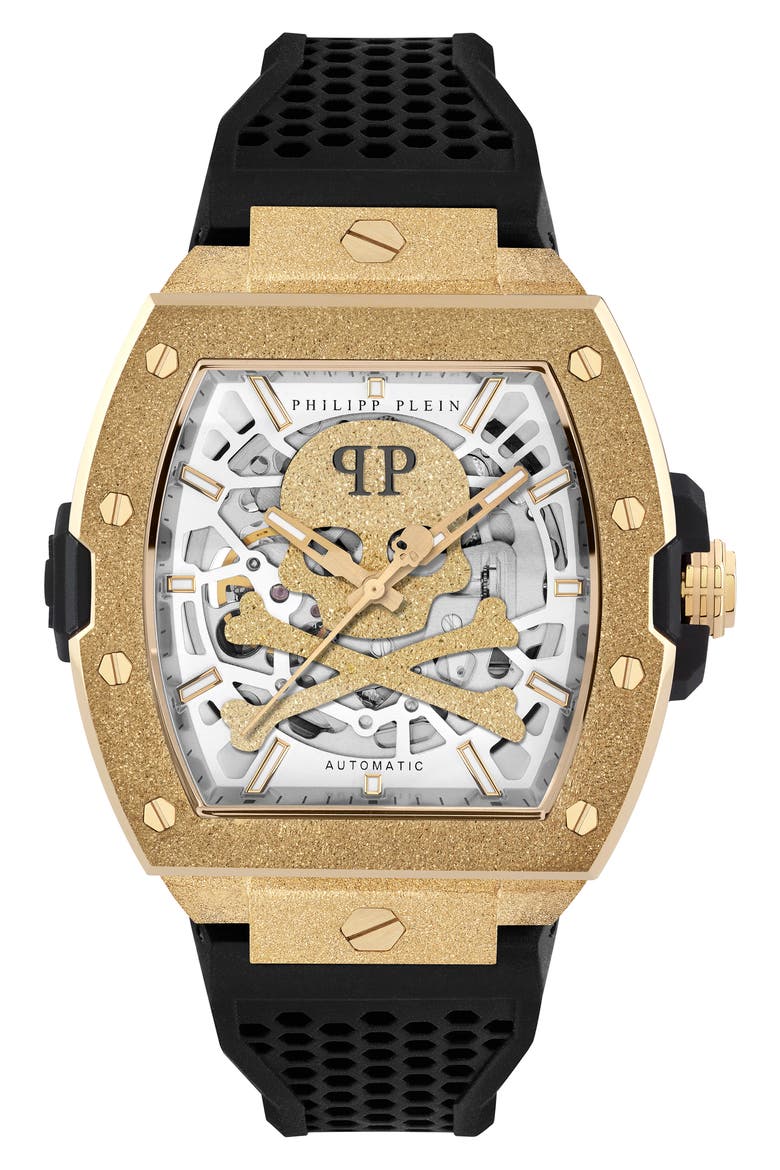 The $keleton Frosted Automatic Silicone Strap Watch, 44mm, Main, color, IP YELLOW GOLD