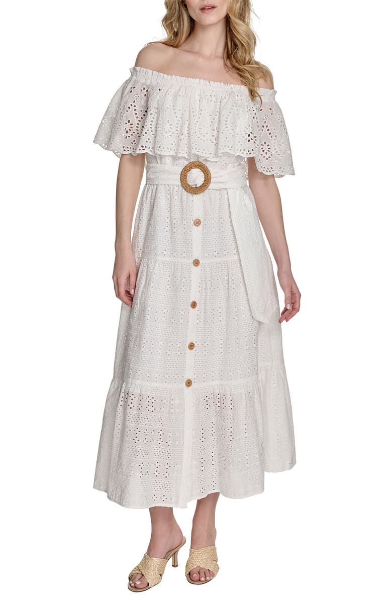 Eliza J Off the Shoulder Midi Dress, Main, color, Ivory