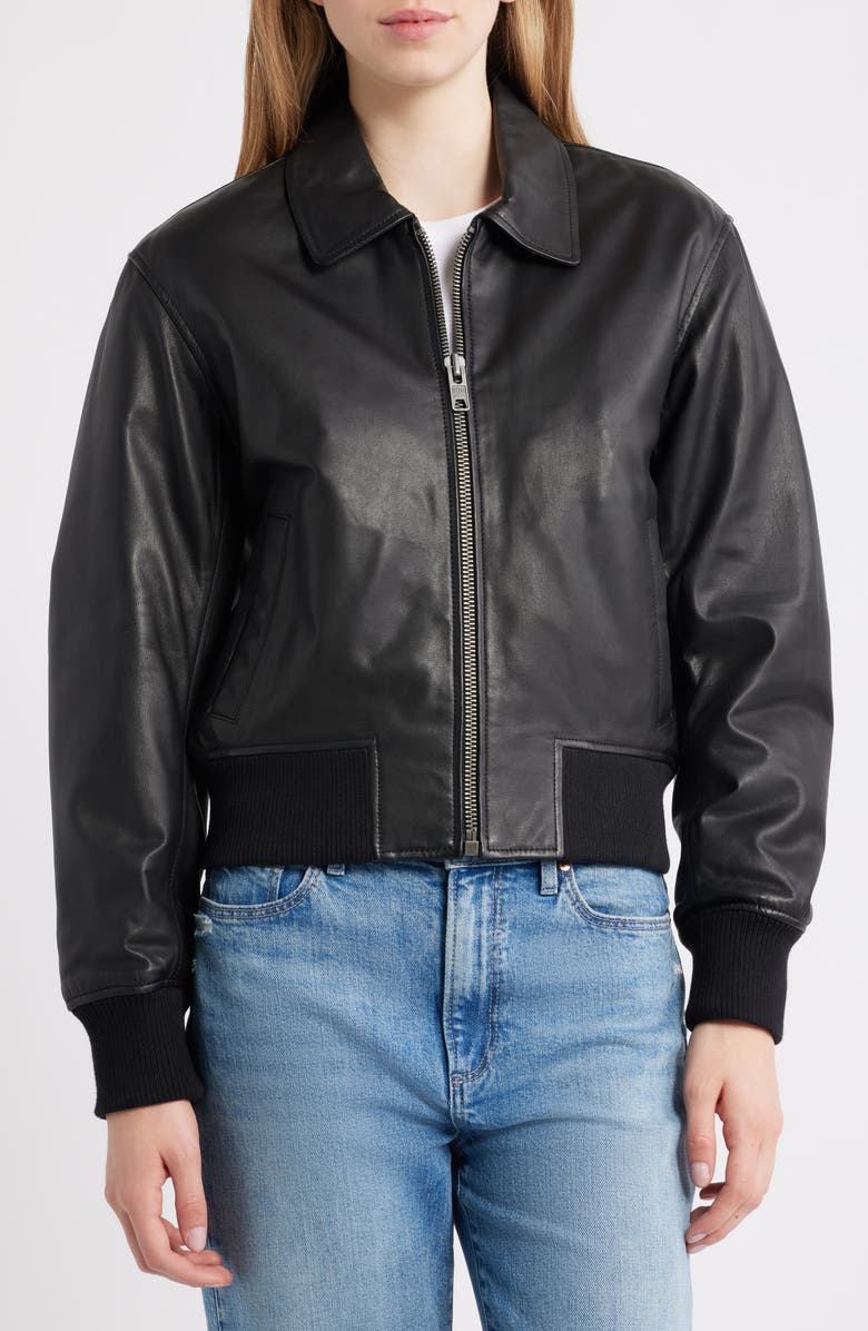 Schott NYC Leather Bomber Jacket, Alternate, color, Black