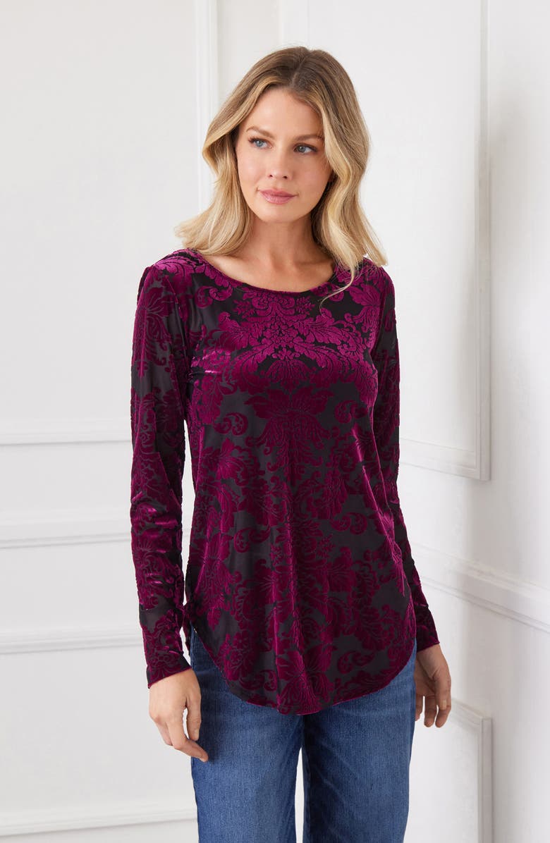 Karen Kane Floral Velvet Burnout Shirttail Top, Alternate, color, Wine