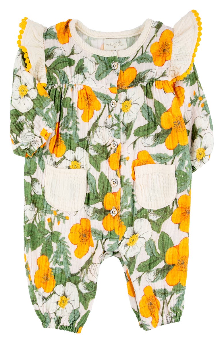 Miki Miette Ada Floral Cotton Ruffle Romper, Main, color, 