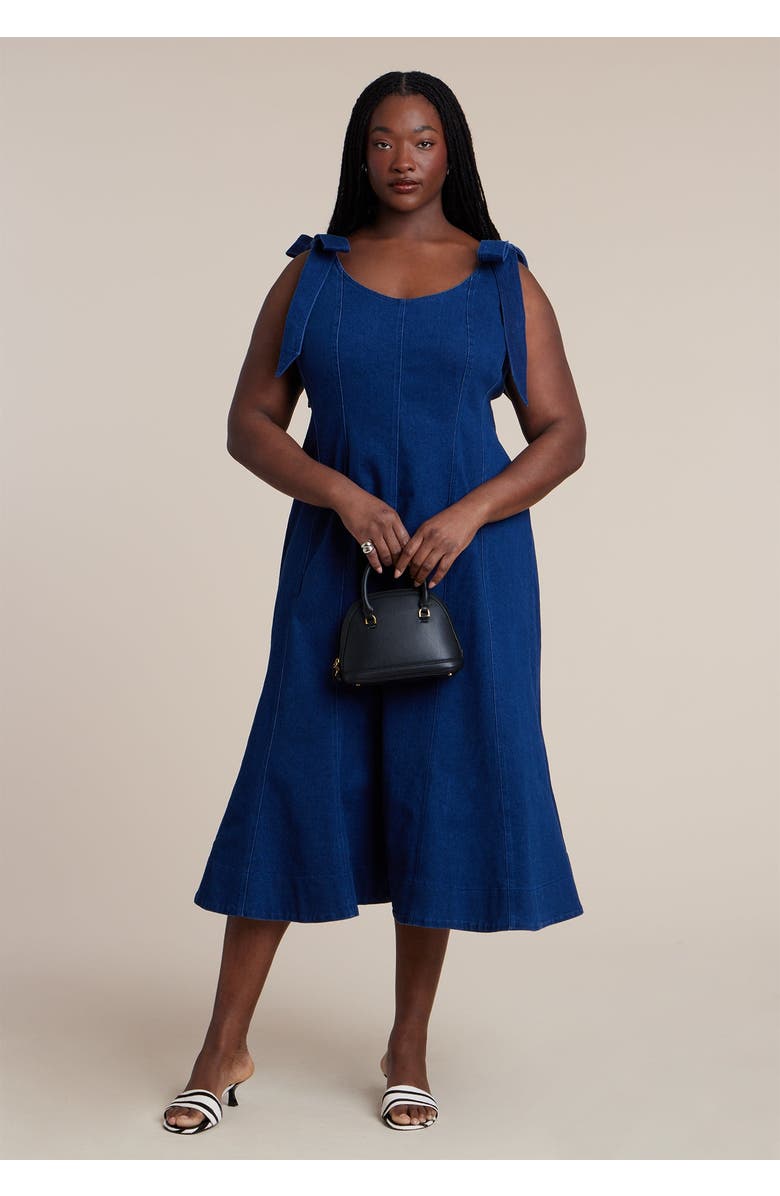 ELOQUII Denim Trumpet Dress, Main, color, Medium Wash