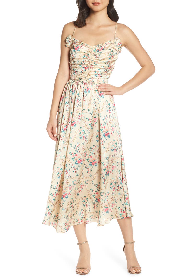 Floral Charmeuse Midi Dress, Main, color, YELLOW MULTI