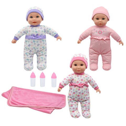 14" Triplets Dolls with Large Blanket & 3 Bottles, Ages 2+