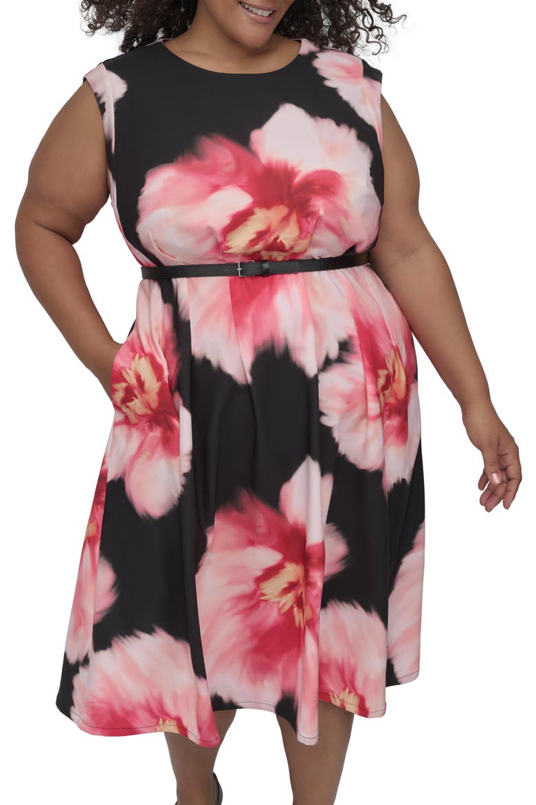 Floral Cap Sleeve Belted Midi Dress, Alternate, color, BLACK MULTI