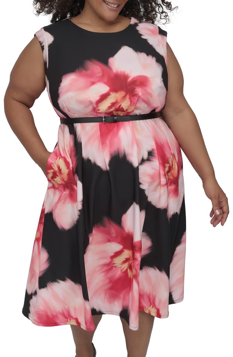 DKNY Floral Cap Sleeve Belted Midi Dress, Alternate, color, Black Multi