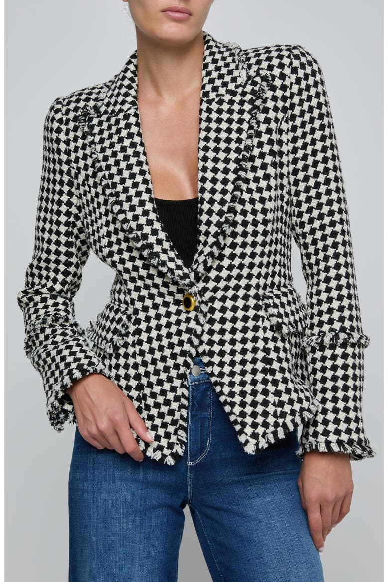 Kaisley Fray Hem One-Button Blazer, Main, color, BLACK/ IVORY DIAMOND TWEED