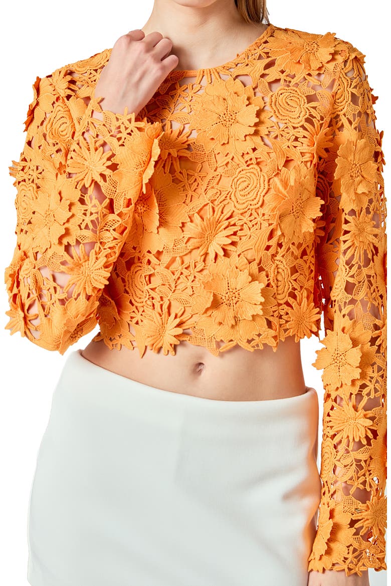 Floral Lace Long Sleeve Crop Top, Alternate, color, ORANGE