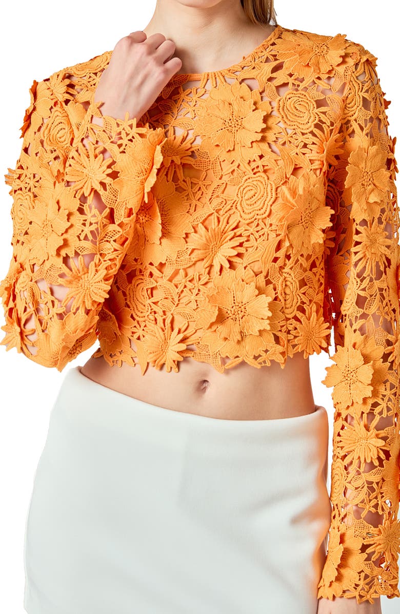 Endless Rose Floral Lace Long Sleeve Crop Top, Alternate, color, Orange