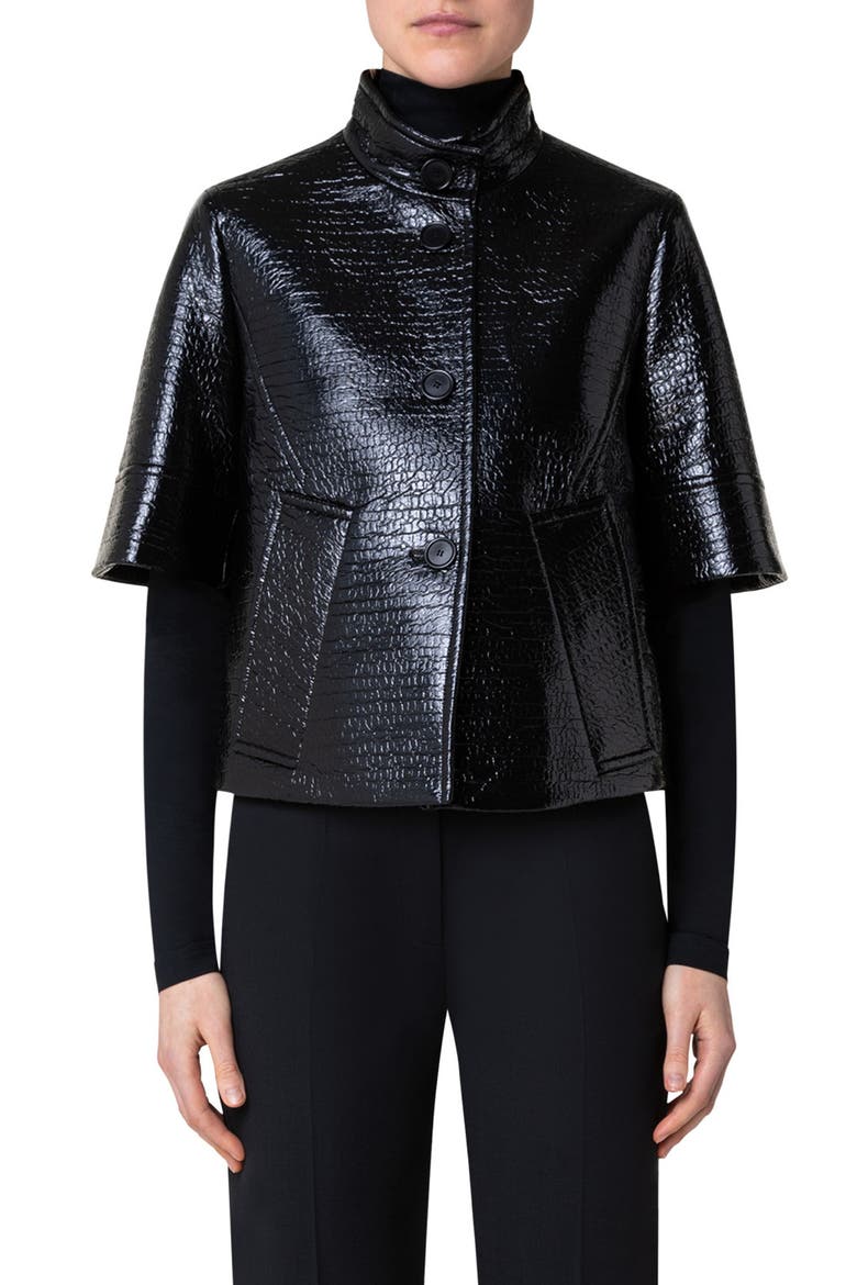 Short Sleeve Faux Leather Jacket, Main, color, BLACK