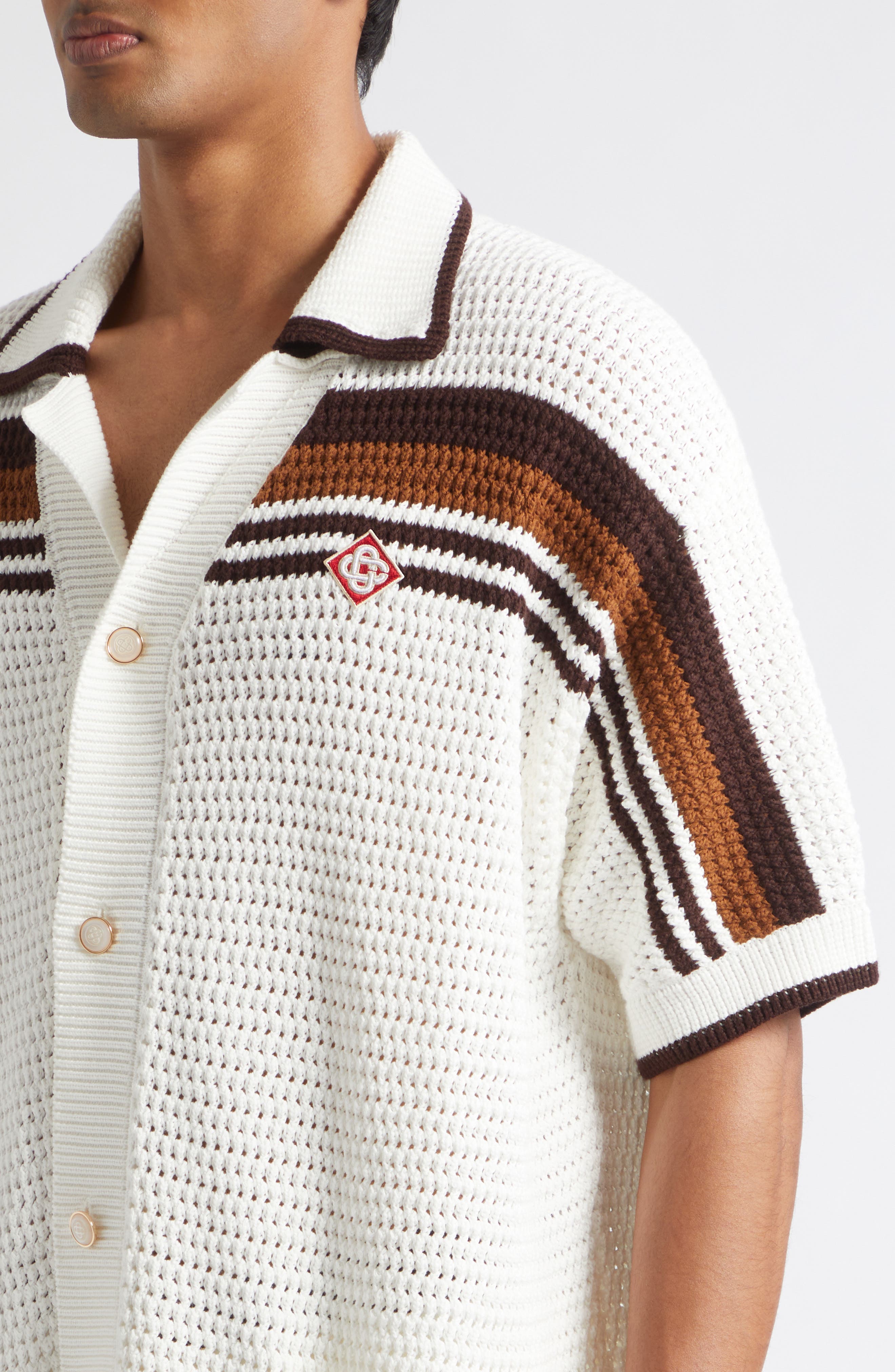 Tennis Stripe Short Sleeve Crochet Button-Up Shirt (Men) | Nordstrom