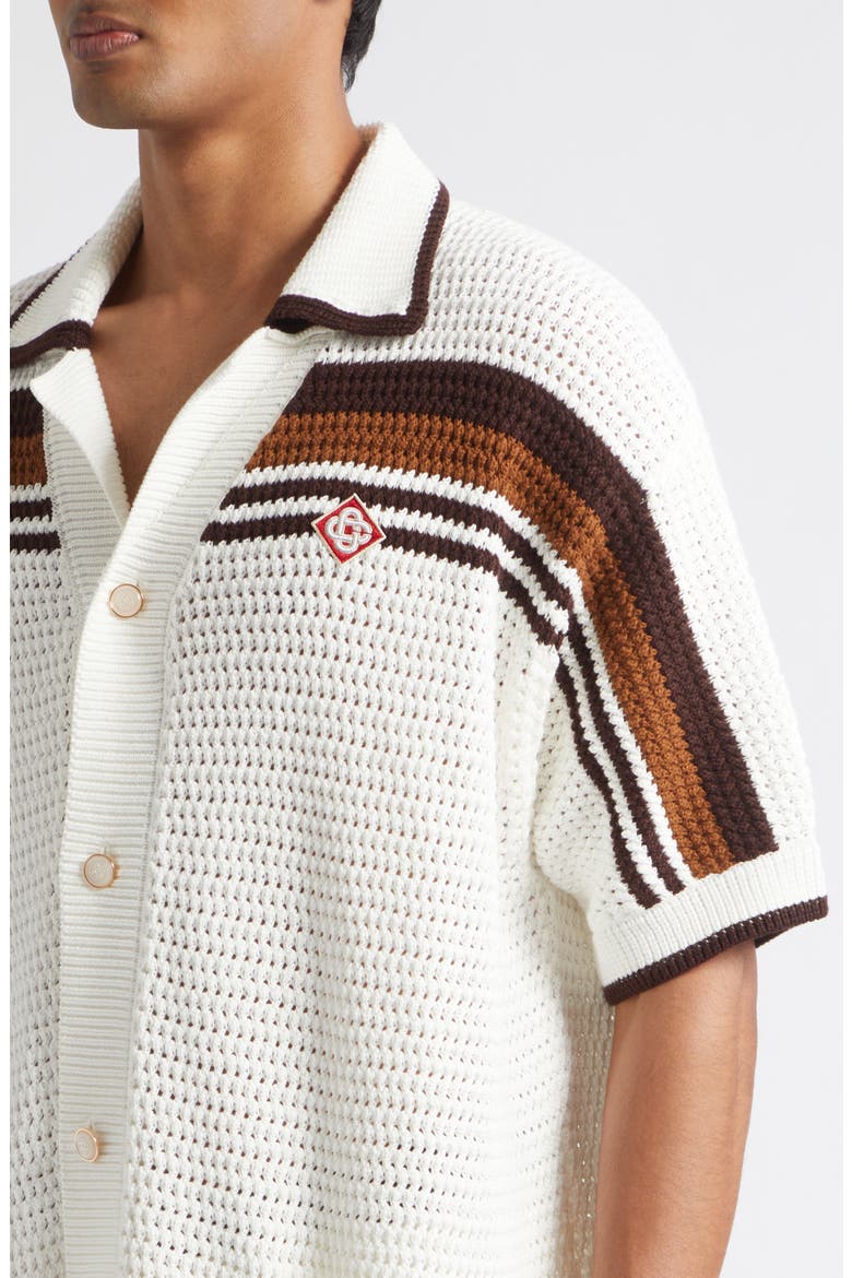 Tennis Stripe Short Sleeve Crochet Button-Up Shirt, Alternate, color, COTTON