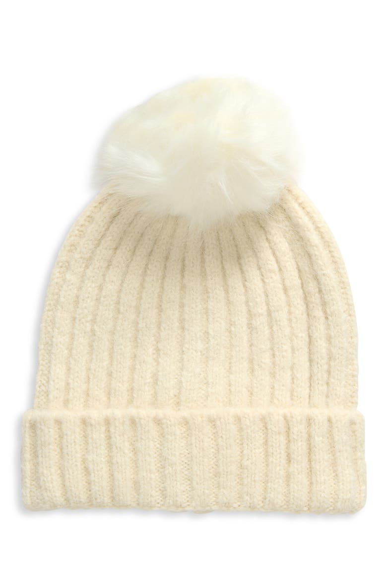 Faux Fur Pom Beanie, Main, color, IVORY PEARL