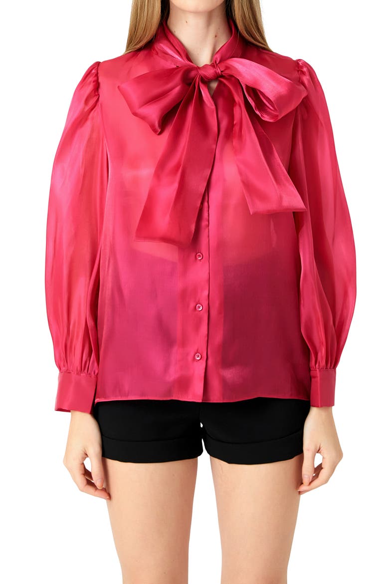 Organza Bow Tie Shirt, Alternate, color, FUCHSIA