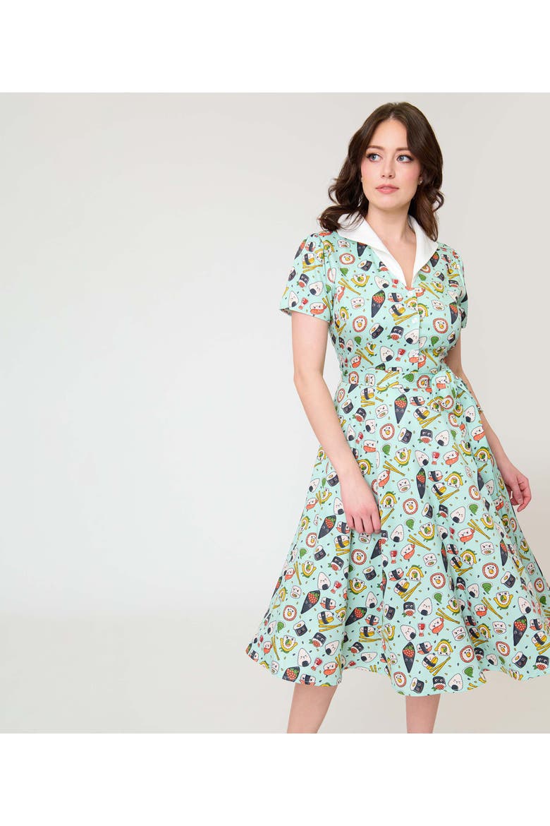 1950s Collared Shirt Dress, Alternate, color, Green Sushi Print