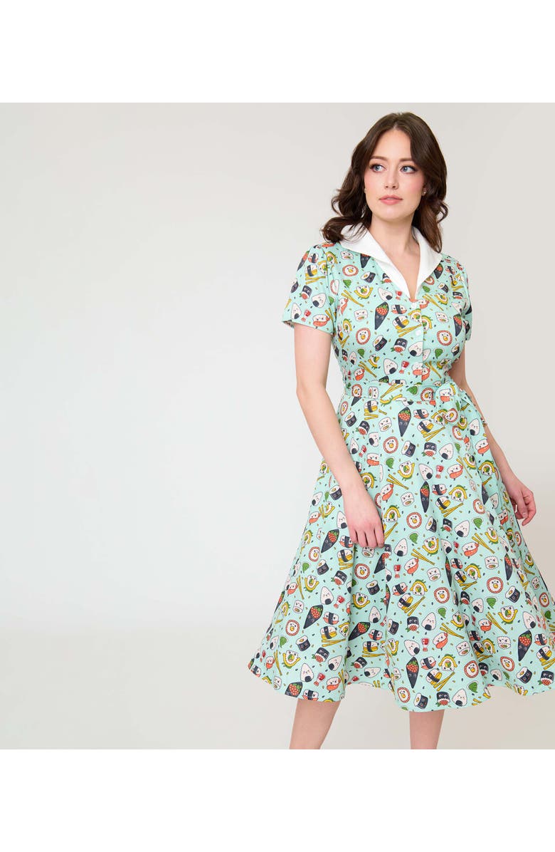 Unique Vintage 1950s Collared Shirt Dress, Alternate, color, Green Sushi Print