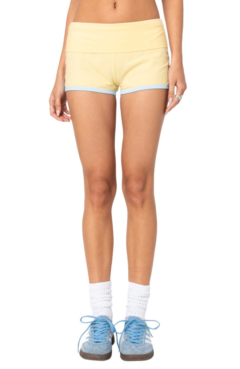 EDIKTED Lucky Foldover Shorts, Main, color, Yellow