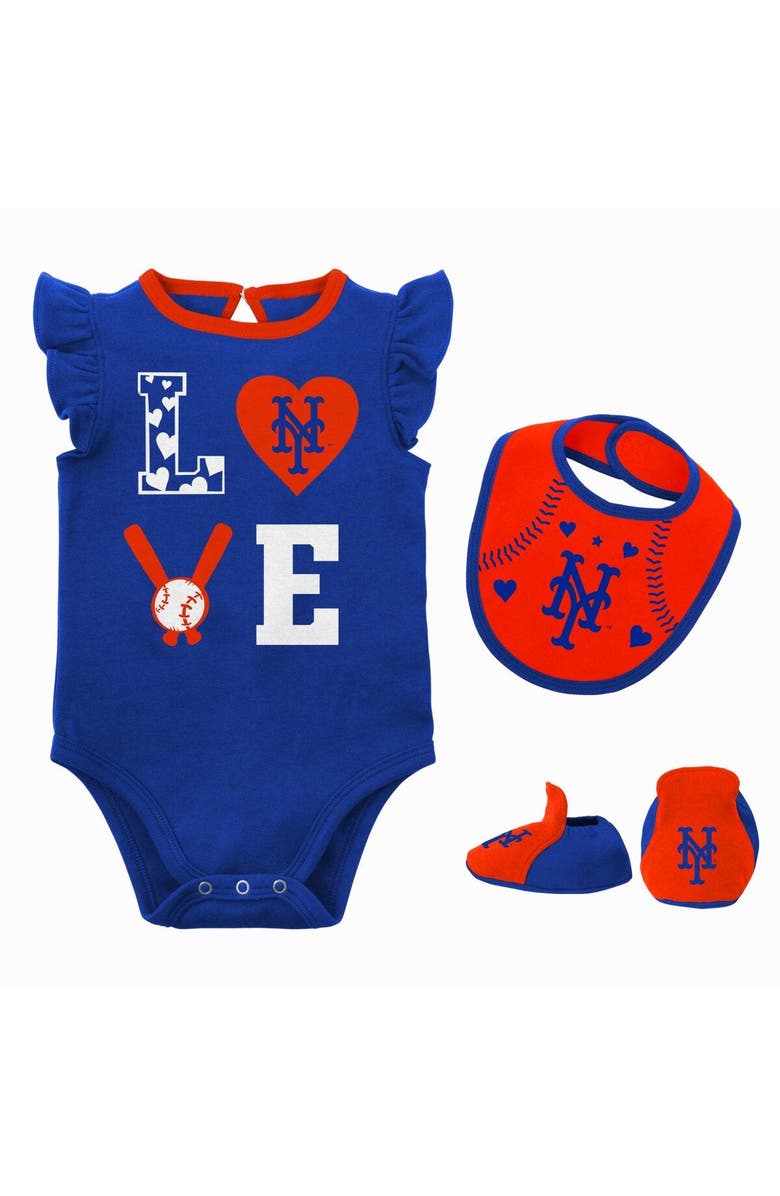 Outerstuff Newborn & Infant Royal/Orange New York Mets Three-Piece Love of Baseball Bib Bodysuit & Booties Set, Main, color,