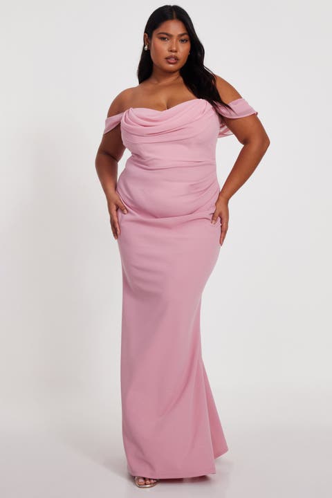 Plus Size Scuba Crepe/Chiffon Bardot Maxi Dress