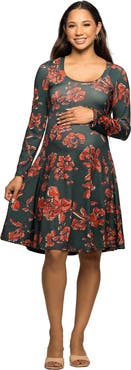 24seven Comfort Apparel Long Sleeve Fit and Flare Dress in Floral Print