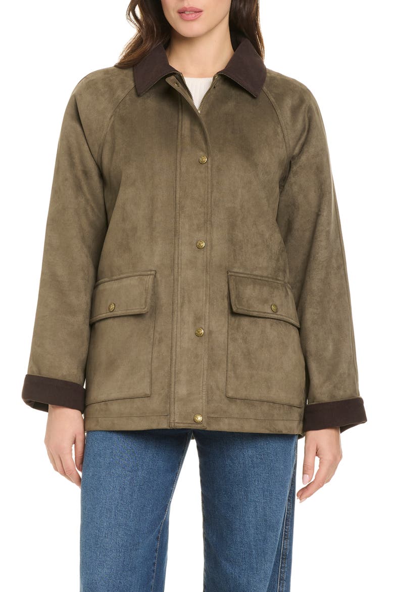 Cord Collar Faux Suede Barn Jacket, Alternate, color, OLIVE