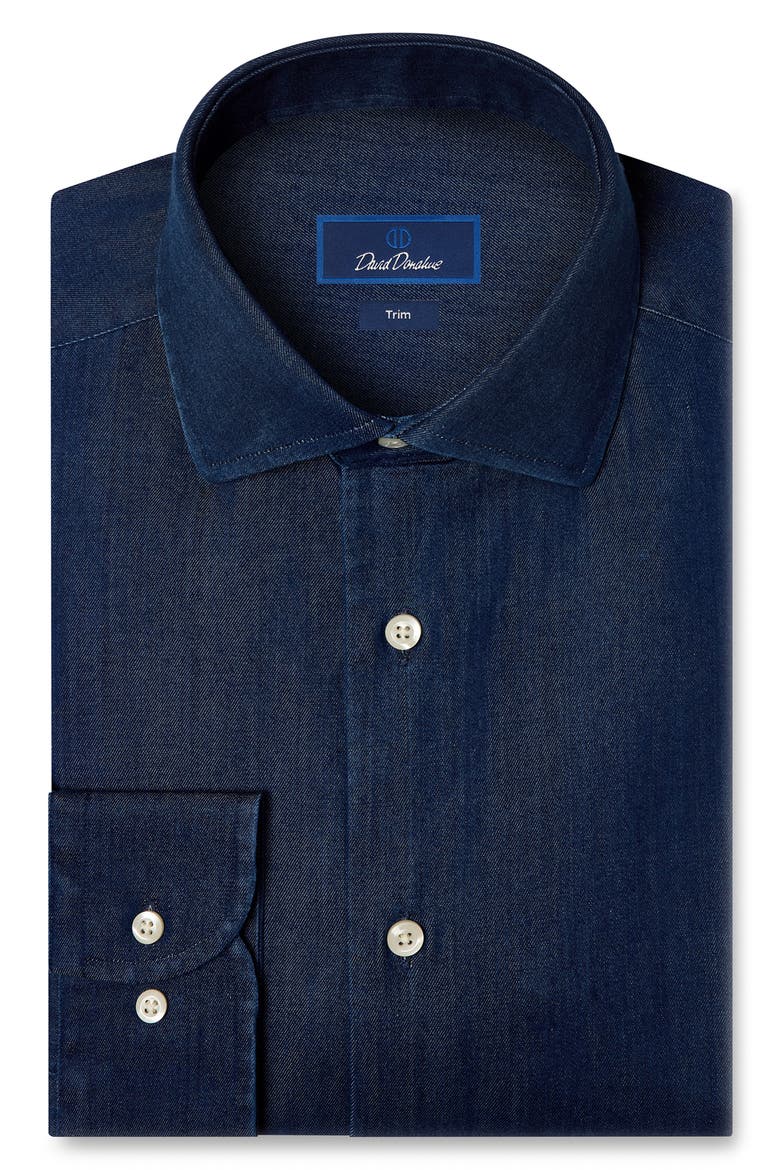 Trim Fit Cotton Denim Dress Shirt, Main, color, DENIM